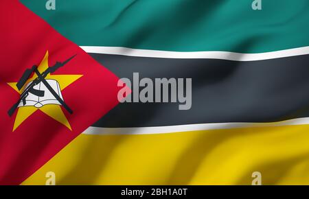 Flag of Mozambique blowing in the wind. Full page Mozambican flying flag. 3D illustration. Stock Photo