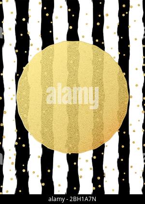 Greeting card template. Gold glitter foil dots confetti on striped white and black background. EPS 10 Stock Vector