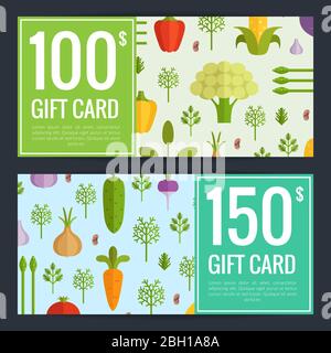 Vector flat vegetables vegan shopping voucher templates. Gift card illustration Stock Vector