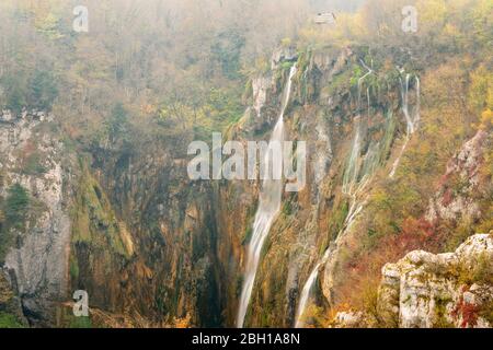 Close-up view of the Large Waterfall in the Plitvice Lakes National Park surrounded by beautiful autumn colors, Croatia Stock Photo