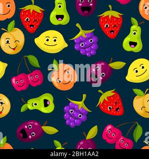 Vector flat fruits with cute faces pattern or background. Color fruits illustration Stock Vector