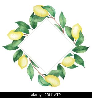 Watercolor frame invitation of lemons and green branches, leaves. Rhombus frame isolated on a white background Stock Photo