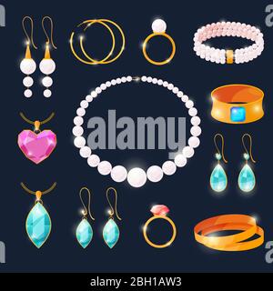 Luxury jewels set. Rings with diamonds and other jewelry. Vector illustrations in cartoon style. Jewelry diamond, fashion precious necklace Stock Vector