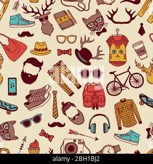 Seamless pattern with specific elements of hipster style. Hand drawn pictures. Hipster background texture with glasses and animal. Vector illustration Stock Vector