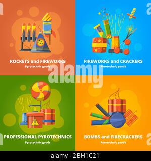 Pyrotechnics elements for party. Vector banners set firecracker and pyrotechnic fireworks colourful illustration Stock Vector