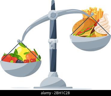 Healthy food and fast food on the scales. Choose that you eat. Vector picture in cartoon style food for healthy on scale and hamburger illustration