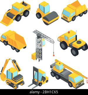 3d transport for construction industry. Vector isometric cars isolate. Industrial equipment machine transportation and construction transport illustra Stock Vector