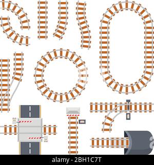 Different train constructions and top view of rail road. Vector constructor. Parts of railway and railroad for train traffic illustration Stock Vector