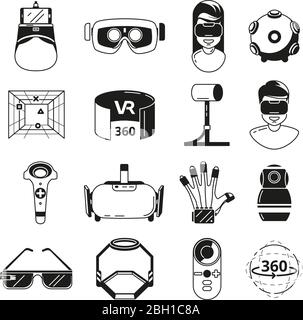 Symbols of virtual reality. Game panoramic in 3d rotation. Vr glasses and other tools. Vector monochrome illustrations. Virtual video simulation panor Stock Vector