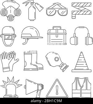 Symbols of safety work. Protection for health occupations. Vector illustrations in linear style. Safety protection equipment and protect professional Stock Vector