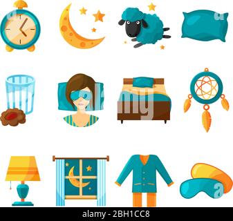Conceptual icon set of sleeping. Vector symbols of healthy sleep collection icons. Illustration of dream and moon Stock Vector
