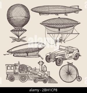 Illustrations of different retro transport. Balloons, zeppelin, machines and others. Hand drawn illustrations in steampunk air transport zeppelin and Stock Vector