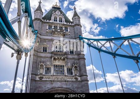 Light ray through Tower Bridge of London.Clouds over Tower Bridge.Monument in London.Tower of London Stock Photo