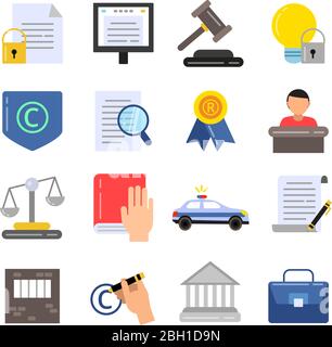 Copyright legal regulations. Business icons of law and protection. Vector pictures in flat style. Protection and regulation copyright business illustr Stock Vector