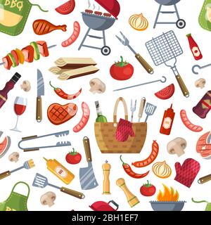 Seamless pattern. Different foods for bbq party. Vector barbecue background, bbq pattern party illustration Stock Vector