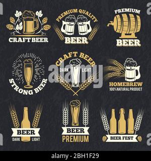 Brewery labels isolate on dark background. Badges template with place for your text. Alcohol badge drink, vintage premium pub, vector illustration Stock Vector