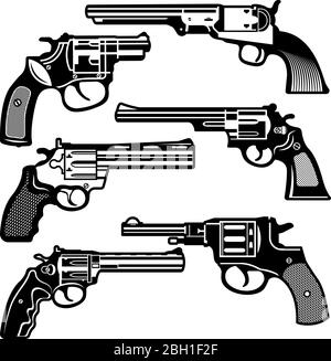 Monochrome illustrations of retro weapons. Revolvers vintage guns. Vector pictures set. Revolver gun and weapon monochrome black, pistol classic cowbo Stock Vector