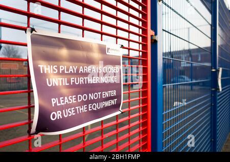 Canterbury city council closure notice displayed on playground fence during 2020 lockdown, Kent United kingdom England. Stock Photo