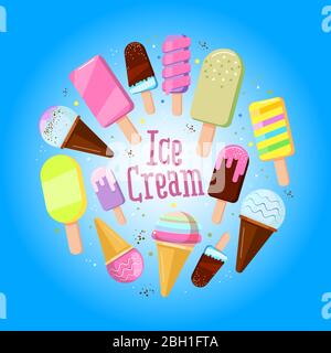 Festive round frame made of ice-creams with sample text. Vector ice cream summer dessert badge round,illustration Stock Vector