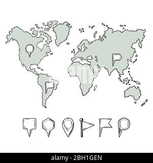 Doodle illustrations of world map with hand drawn pins. Vector pictures isolate. World map hand drawn and collection of pins Stock Vector