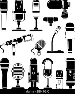 Vector monochrome illustrations of microphones and other professional tools for reporters. Microphone for studio or karaoke, mic and broadcasting Stock Vector