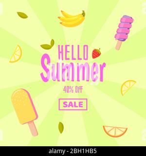 Hello summer sale. Colorful background with ice cream and fruits. Sale ice cream with exotic fruits. Vector illustration Stock Vector