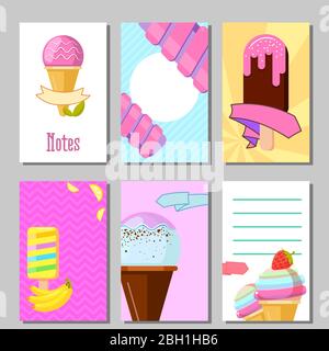 Banner set of cute sweet backgrounds. Ice cream and fruits summer cards. Vector illustration Stock Vector