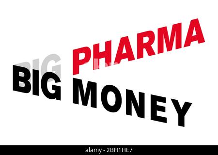 Big Pharma Big Money lettering. Words shown in capital letters, distorted and offset, with a three-dimensional effect. Red, gray and black letters. Stock Photo