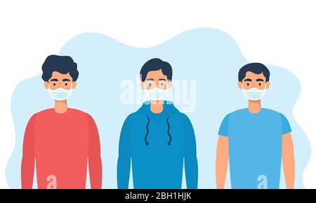 young men using face masks at home vector illustration design Stock ...