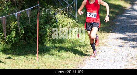 A high school girl is in first place running on the final downhill at Bowdoin Park during a cross country race. Stock Photo