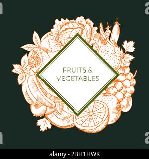 Vector doodle sketched fruits and vegetables vegan, healthy food emblem isolated on colored background. Hand drawn badge illustration Stock Vector