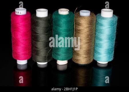 Group of five whole thread spools isolated on black glass Stock Photo
