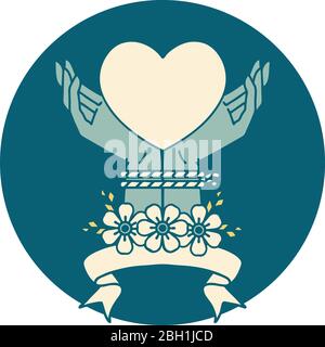 tattoo style icon with banner of tied hands and a heart Stock Vector