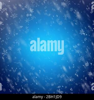 Christmas template with white blurred and clear snowflakes on blue background. EPS 10 Stock Vector