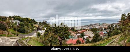 Panoramic view of the city center and port of Burnie, Tasmania over a dramatic sky, Australia Stock Photo