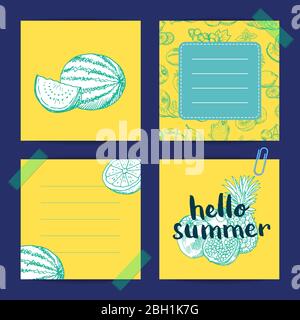Vector square doodle handdrawn fruits cute note templates set. Banner hello summer illustration Stock Vector
