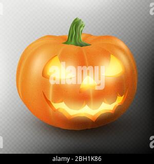 Lighten Jack O Lantern glowing halloween realistic smile face pumpkin with candle light inside. Scary expression. EPS 10 Stock Vector