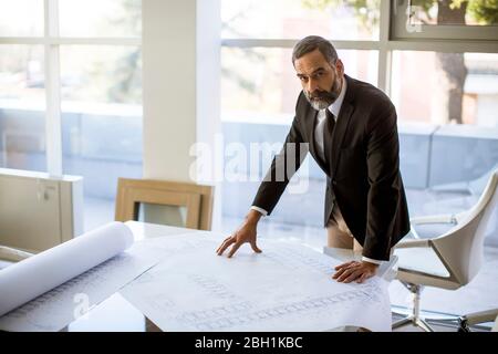 Handsome architect checking plans and blueprints in the office Stock Photo