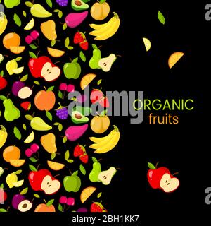 Vector fruits frame isolated on black background. Organic color fruits banner illustration Stock Vector