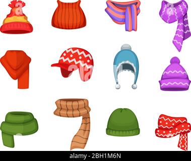 Set of winter scarfs and caps with different colors and styles. Winter cap clothes, fashion accessory clothing knitted, vector illustration Stock Vector