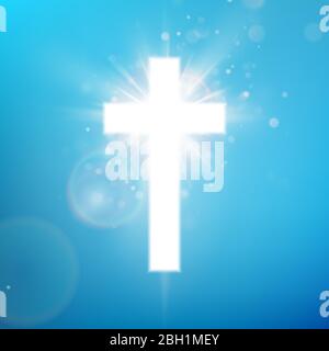 Shining white cross effect on blue sky. Shining saint cross. Riligious symbol. Easter and Christmas sign. EPS 10 Stock Vector