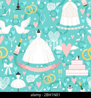 Seamless pattern with different wedding symbols in cartoon style. Wedding background with cake ribbon nad white dress illustration Stock Vector