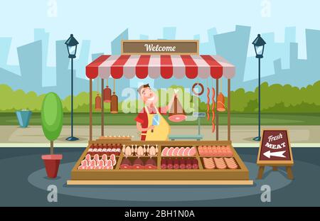 Local market place with fresh foods. Vector illustrations in cartoon style. Butcher shop, store street with assortment meat Stock Vector