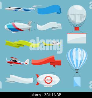 Zeppelins and airplanes with empty banners for advertising messages. Vector illustrations airplane and zeppelin with advertising with place for your t Stock Vector