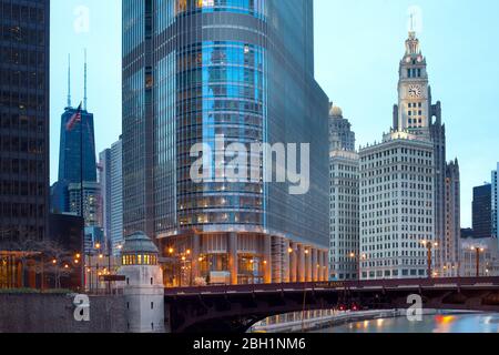 Chicago, Illinois, United States - Skyline of downtown with Trump Tower, Wabash Avenue over Chicago river and Wrigley Building. Stock Photo