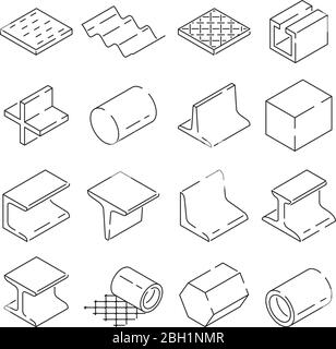 Isometric symbols of metallurgy. Pictures of iron and steel tools. Vector illustration in linear style. Metal tool and linear, pipe production, profil Stock Vector