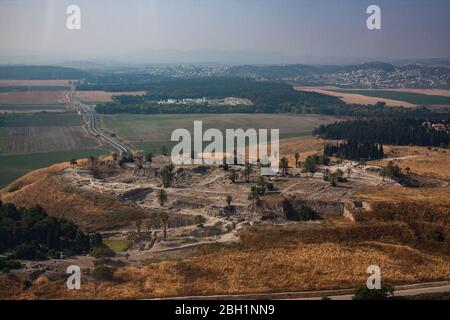 Aerial view of ancient Tel Megiddo Israel, Jezreel (Armageddon) Valley, Stock Photo