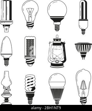 Monochrome symbols of light. Different bulbs in vector style. Black lamp and lightbulb, oil and electric illuminate lamp. Vector illustration Stock Vector