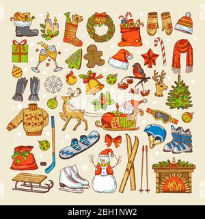 Colored pictures of christmas toys and specific objects of winter season. Winter christmas holiday, xmas tree and gift to new year. Vector illustratio Stock Vector