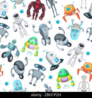Seamless pattern with cute funny robots. Vector pictures in cartoon style. Robot cartoon seamless pattern illustration Stock Vector